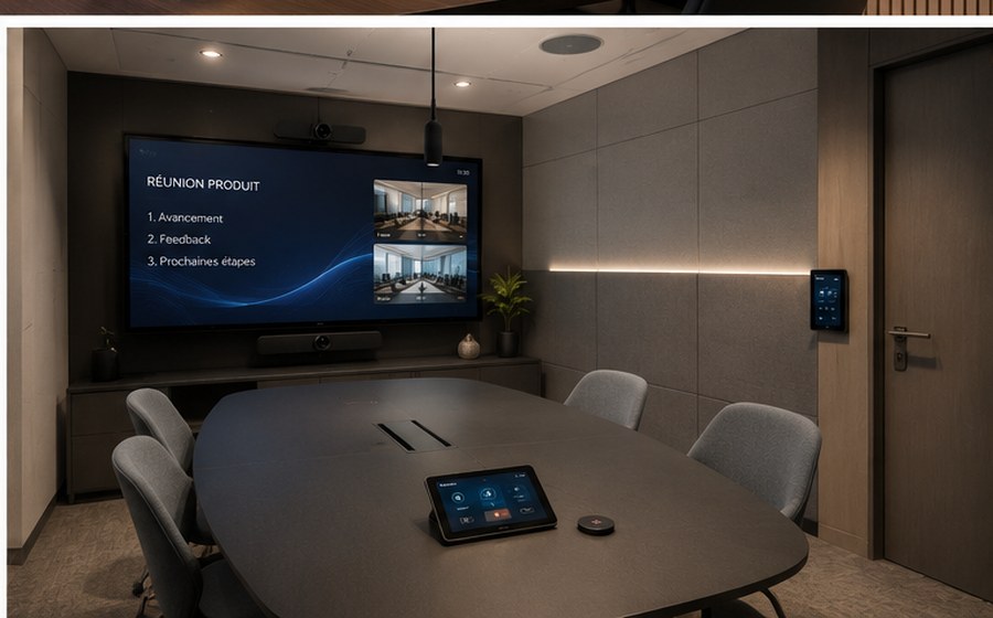 Salle de réunion compacte avec écran, caméra et dalle tactile